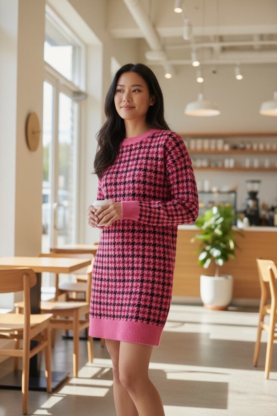 Miss Selfridge Vibrant Check Pattern Knit Mini Dress in Pink